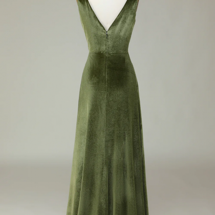 Prom Dress,v-neck Sleeveless Olive Velvet..