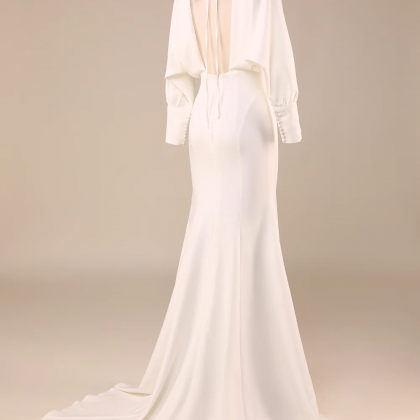 Prom Dress,simple Ivory Mermaid Long Sleeves Deep..