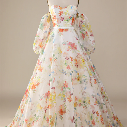 Prom Dress,ivory Floral A-line Sweep Train Wedding..