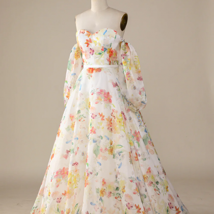 Prom Dress,ivory Floral A-line Sweep Train Wedding..