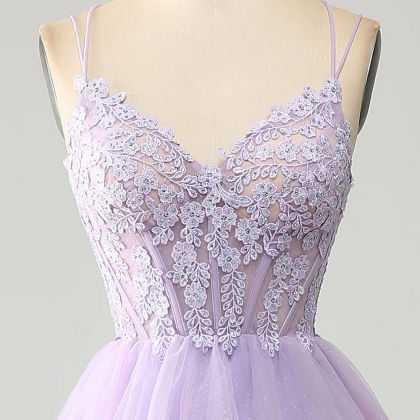 Prom Dress,lilac Tulle Tiered Princess Corset Prom..