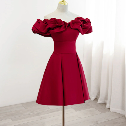 Burgundy homecoming dress,off the shoulder short cocktail dress,satin gowns c3348
