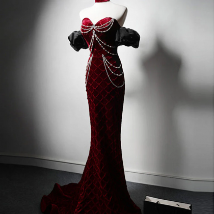 Gorgeous Mermaid V Neckline Burgundy Date Night Dress Lace Prom Dresses Birthday Outfits SD1102 main image 1