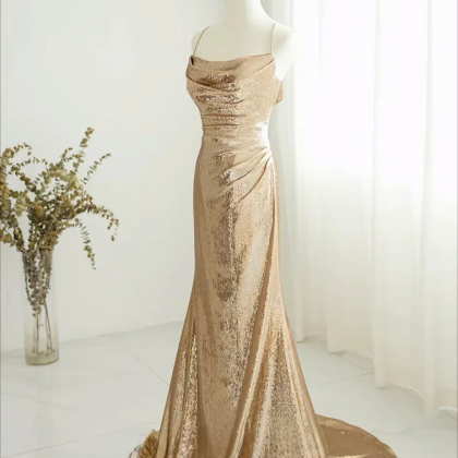 Champagne sequin long prom dress champagne evening dress,DS2091