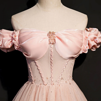 Sparkly Pink Long Prom Dress, A-line Tulle Graduation Gown main image 0
