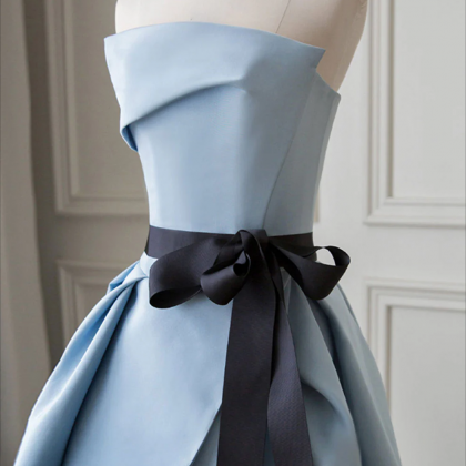 Simple blue satin short prom dress, blue evening dress main image 1