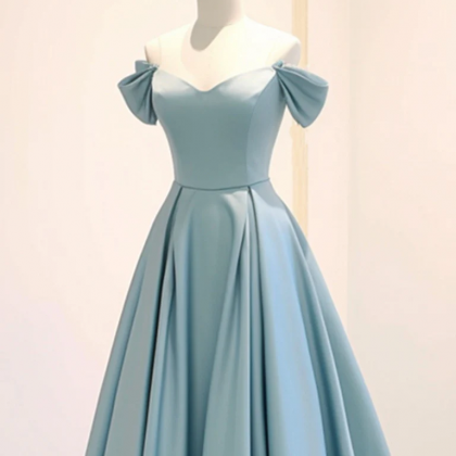 A-Line Off Shoulder Satin Blue Dress main image 1