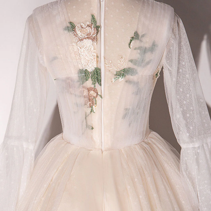 Tulle & Embroidery Lace Bateau Champagne Long Prom Dress