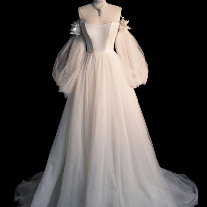 A-line Champagne Short Sleeves Tulle with Lace Party Dress, A-line Tulle Long Prom Dress