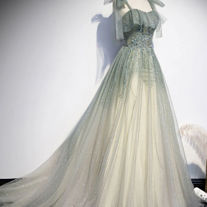 Green Gradient Tulle A-Line Long Formal Dress, Green Beaded Straps Party Dress Formal Prom Dress main image 1