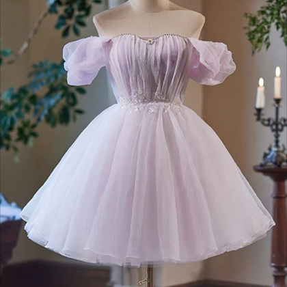 Purple V Neck Tulle Lace Short Homecoming Dress, Lace Cocktail Dress main image 1