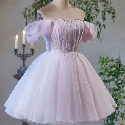 Purple Floral Tulle Short Homecoming Dress with Lace Rhinestones Appliques Y857