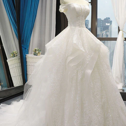 Elegant white tulle long prom dress, Off shoulder evening dresses main image 0