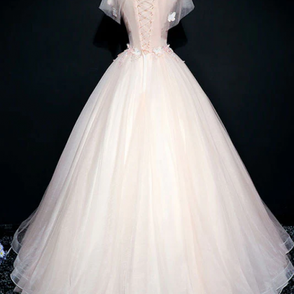 Pink round neck tulle lace applique long prom dress, pink evening dress     cg13820 main image 0