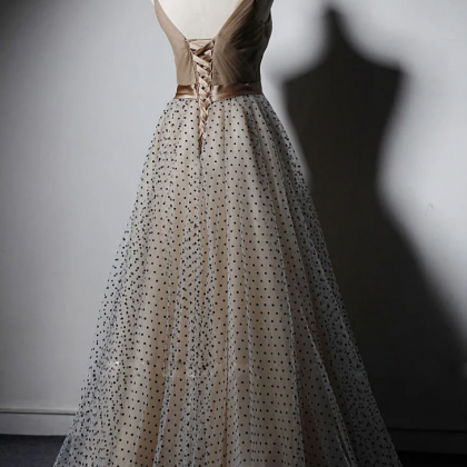 V Neck Long Champagne Tulle Prom Dresses, Long Champagne Tulle Formal Evening Dresses main image 0