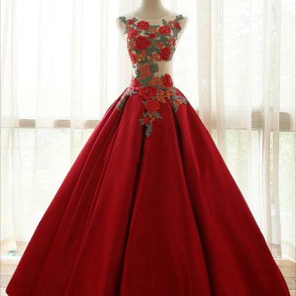 Round Neck Lace Applique Top Chiffon Black & Red Ombre Prom Formal Dresses PO022