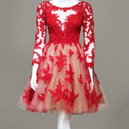 Real Made Red Lace O-neck Homecoming Dresses, Long..