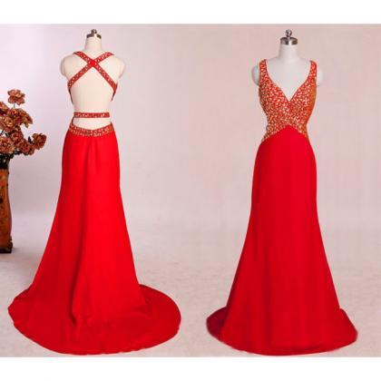 Red Backless Dress, Mermaid Prom Dresses, Red Prom..