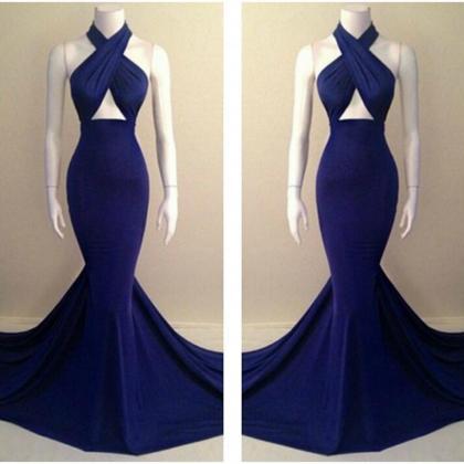 Fabulous Halter Design Royal Blue Long Mermaid..