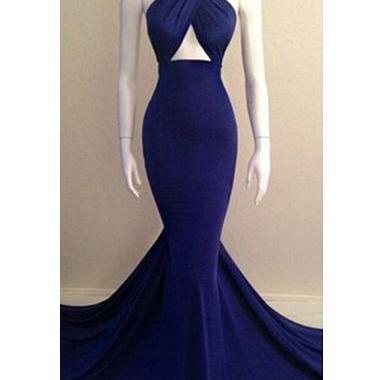Fabulous Halter Design Royal Blue Long Mermaid..