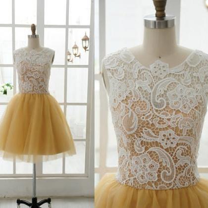 Sleeveless Top Ivory Lace A Line Gold Tulle Knee..