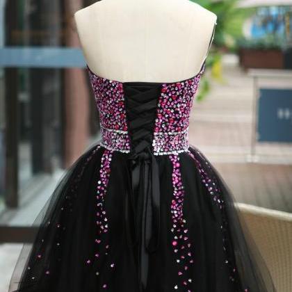 Elegant Sleeveless Black Tulle Short Prom Dress,..