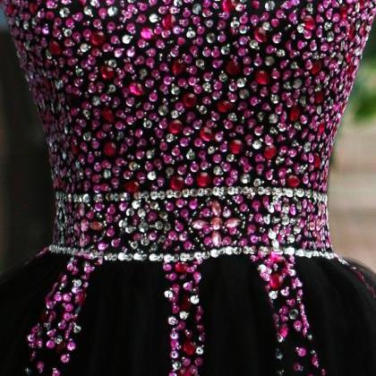 Elegant Sleeveless Black Tulle Short Prom Dress,..