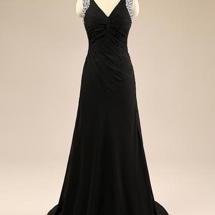 Elegant Black Long Chiffon Evening Dresses, A-line..