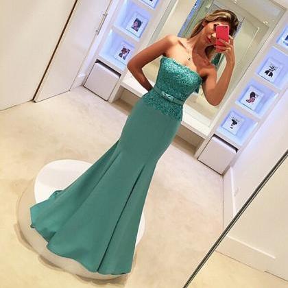 Strapless Lace Applique Mermaid Prom Dress, Long..