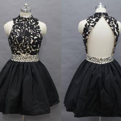 Black Lace Applique Knee Length Homecoming..