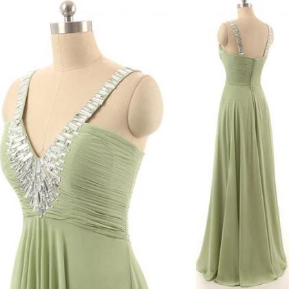 V-neck Green Long Prom Dress, A-line Floor Length..