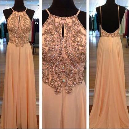 Light Peach Long Prom Dresse,s Straps Prom Gowns..