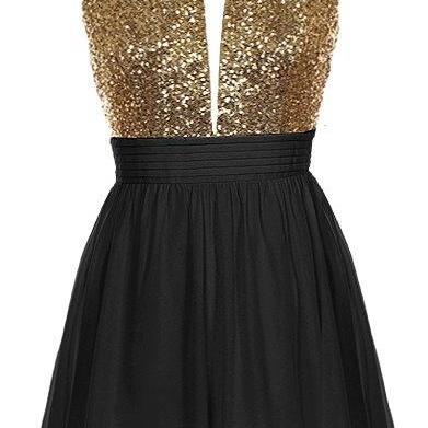 Short Black Chiffon Party Dress Featuring Gold..