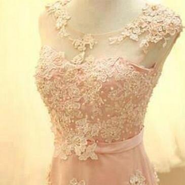 Pink A-line Long Evening Dresses, Chiffon O-neck..