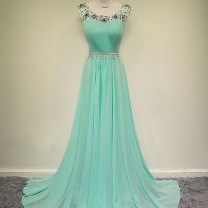 Pretty Mint Chiffon Long Handmade Prom Dresses..