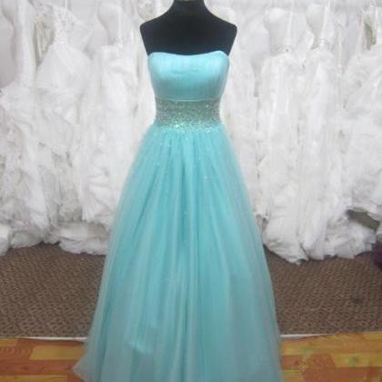 Light Blue Strapless Tulle Long Prom Dress With..