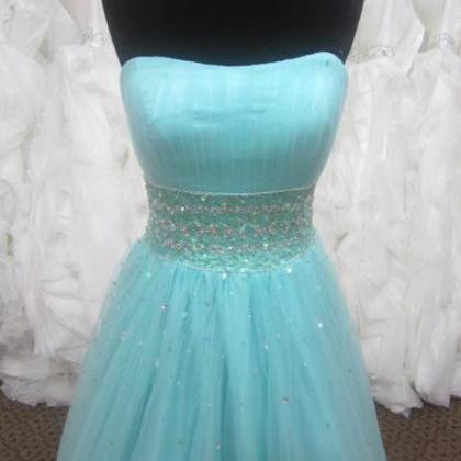Light Blue Strapless Tulle Long Prom Dress With..