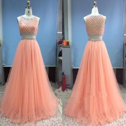 Tulle Long Beadings Two Pieces Light Coral Prom..