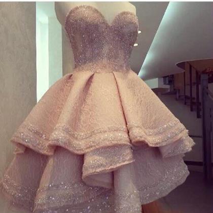 Elegant Pink Short Front Long Back Prom Dress High..