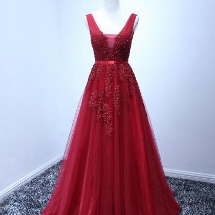 Red A-line Long Prom Dresses,lace V-neck Prom..