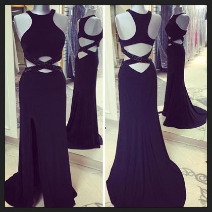 Sexy Black Long From Split Prom Dresses,charming..
