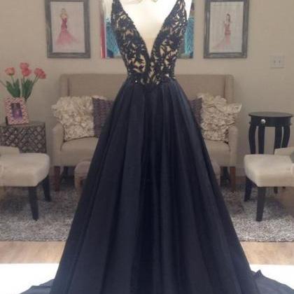 Deep V-neck Lace Long Prom Dresses,black A-line..