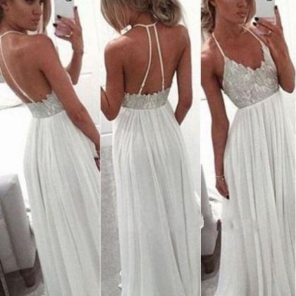 Simple Lace Beading Long Prom Dresses, Halter Prom..