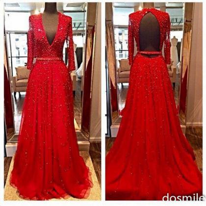 Design Elegant Red Long Sleeves Evening Dresses,..