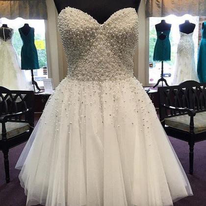 Pearl Beaded White Homecoming Dress, Short Prom..