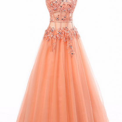 Coral Beaded Embellished Floor Length Tulle Prom..