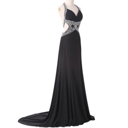 Black Floor Length Chiffon A-line Prom Dress..