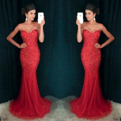 Sexy Sweetheart Prom Dresses, Red Sequin Prom..