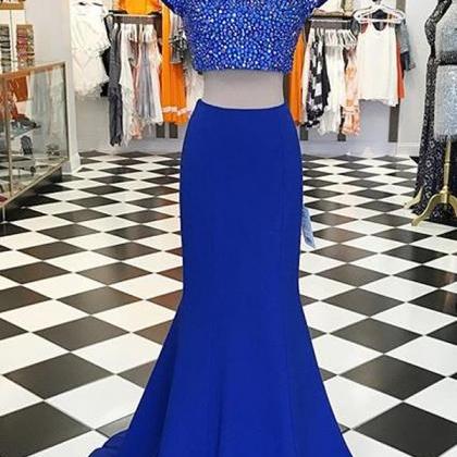 Modern Two Piece Prom Dress, Short Sleeves Prom..