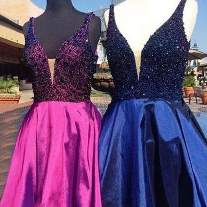 Modern V-neck Rose Pink/royal Blue Short Prom..